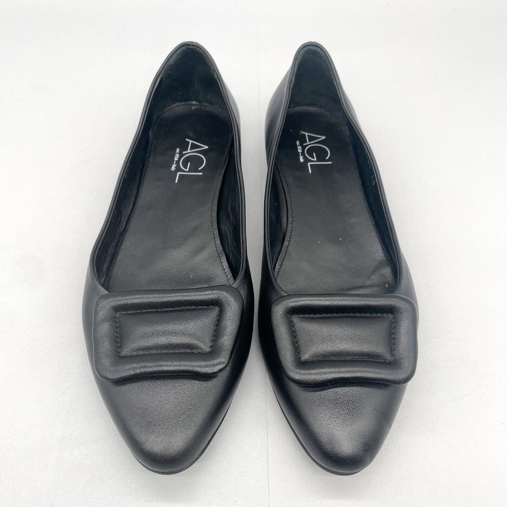 AGL Black Leather Pointed Flats with Quilted Square Accent